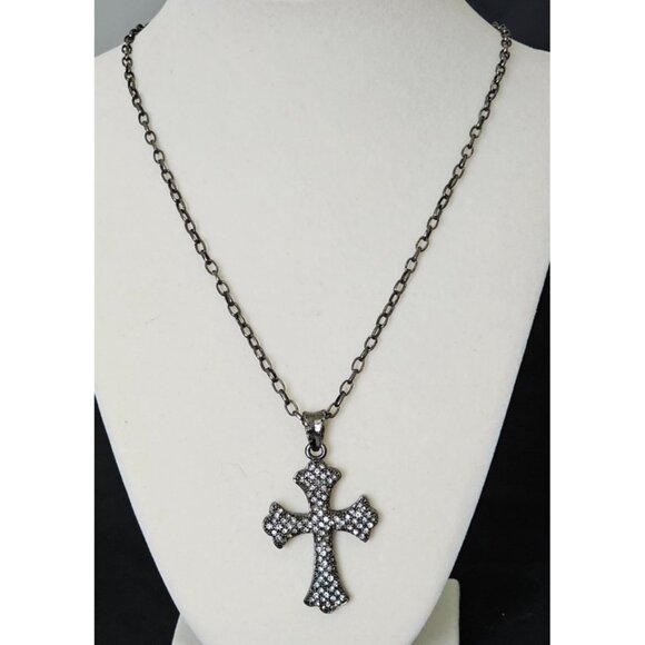 Black Crystal Cross Pendant Necklace, Clear Pave Rhinestones, Gothic Style - Picture 2 of 7